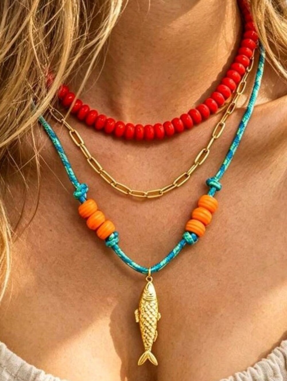 NEW! Trendy Coastal Gold Fish Pendant Layered Necklace with Red and Orange Beads